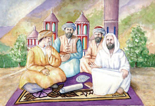 Figure 2. Consultation session of the Princes of Science: From right to left, Sidi Boumedienne, Abu Hamid as- Saghir, Abd al-Haq al-Ishbili and Ibn Hammad